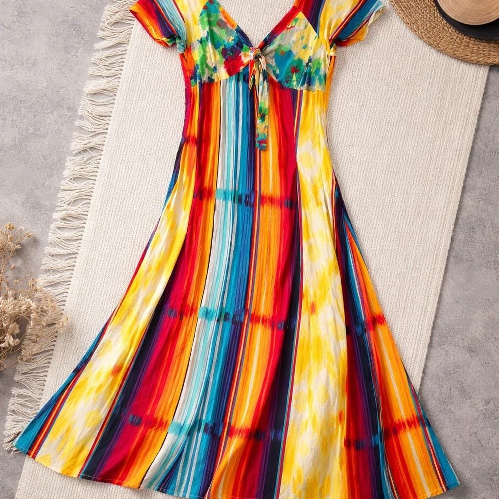 Jams World 7 Hawaii Maxi Dress‎ Rainbow Stripe Y2K Vintage Tropical Bohemian